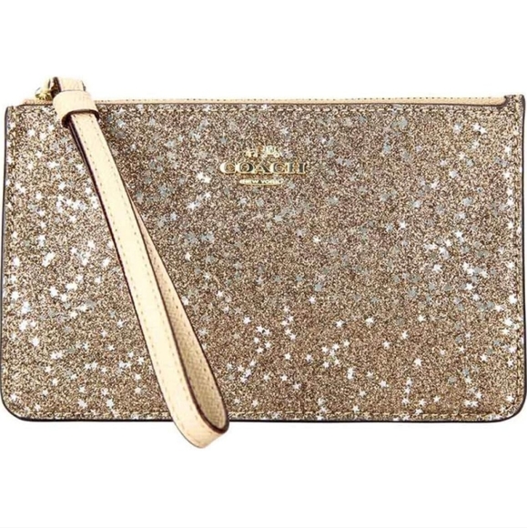 Coach F22705 IMGLD Star Glitter Gold Printed Coated Canvas Corner Zip Wristlet W - Picture 10 of 14